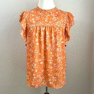 DR2 Orange White Floral Short flutter sleeves Casual Spring Summer Blouse Tops M